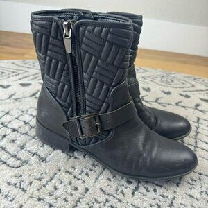 Calvin Klein Rauline Black Leather Quilted Moto Mid Calf Boots Zip Buckle Sz‎ 10